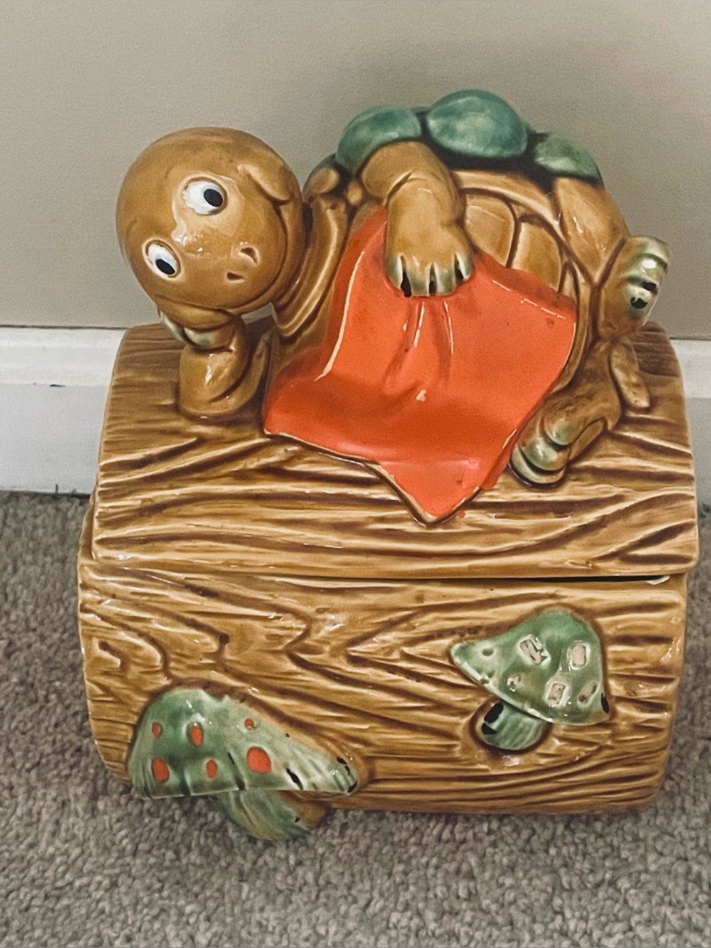Vintage MCM Turtle & Mushroom Ceramic Catchall Cookie Jar Trinket Recipe Holder